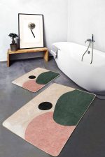 - PaspasTakimi-2li-Set1758-Gorsel-2 - Realhomes  2'li Set Krem - Yeşil Zeminde Soyut Motifli Boyama Desenli Bohem Klasik  2'li Banyo & Mutfak Paspas Takımı Realhomes