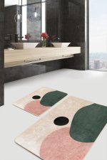 - PaspasTakimi-2li-Set1758-Gorsel-4 - Realhomes  2'li Set Krem - Yeşil Zeminde Soyut Motifli Boyama Desenli Bohem Klasik  2'li Banyo & Mutfak Paspas Takımı Realhomes