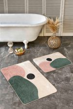 - Realhomes - Realhomes  2'li Set Krem - Yeşil Zeminde Soyut Motifli Boyama Desenli Bohem Klasik  2'li Banyo & Mutfak Paspas Takımı Realhomes