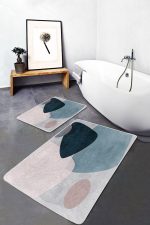 - PaspasTakimi-2li-Set1760-Gorsel-1 - Realhomes  2'li Set Lacivert - Mavi Zeminde Modern Sanat Motifli Tablo Desenli Bohem Sade & Şık  2'li Banyo & Mutfak Paspas Takımı Realhomes