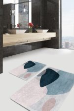 - PaspasTakimi-2li-Set1760-Gorsel-2 - Realhomes  2'li Set Lacivert - Mavi Zeminde Modern Sanat Motifli Tablo Desenli Bohem Sade & Şık  2'li Banyo & Mutfak Paspas Takımı Realhomes