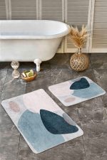 - Realhomes - Realhomes  2'li Set Lacivert - Mavi Zeminde Modern Sanat Motifli Tablo Desenli Bohem Sade & Şık  2'li Banyo & Mutfak Paspas Takımı Realhomes