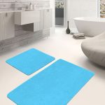 2'li Set Siyah - Mavi Zeminde Kanvas Motifli Yaprak Desenli Geometrik Sade & Şık  2'li Banyo & Mutfak Paspas Takımı Realhomes