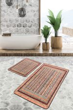 - PaspasTakimi-2li-Set458-Gorsel-1 - Realhomes 2'li Set Bej Zeminde Kilim Motifli Geleneksel Desenli Avangarde Etnik Motifler 2'li Banyo & Mutfak Paspas Takımı Realhomes