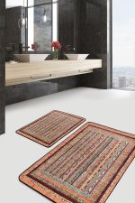 - PaspasTakimi-2li-Set458-Gorsel-4 - Realhomes 2'li Set Bej Zeminde Kilim Motifli Geleneksel Desenli Avangarde Etnik Motifler 2'li Banyo & Mutfak Paspas Takımı Realhomes