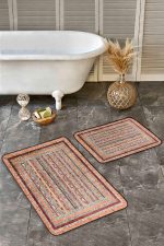 - Realhomes - Realhomes 2'li Set Bej Zeminde Kilim Motifli Geleneksel Desenli Avangarde Etnik Motifler 2'li Banyo & Mutfak Paspas Takımı Realhomes