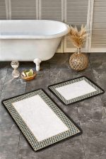 - Realhomes - Realhomes  2'li Set Gri Krem Zeminde Damalı Motifli Art Deco Desenli Sade & Şık Klasik  2'li Banyo & Mutfak Paspas Takımı Realhomes