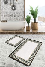 - PaspasTakimi-2li-Set460-Gorsel-2 - Realhomes  2'li Set Gri Krem Zeminde Damalı Motifli Art Deco Desenli Sade & Şık Klasik  2'li Banyo & Mutfak Paspas Takımı Realhomes