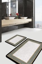 - PaspasTakimi-2li-Set460-Gorsel-5 - Realhomes  2'li Set Gri Krem Zeminde Damalı Motifli Art Deco Desenli Sade & Şık Klasik  2'li Banyo & Mutfak Paspas Takımı Realhomes