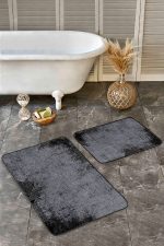 - Realhomes - Realhomes  2'li Set Siyah - Süme Zeminde Kilim Motifli Eskitme Desenli Geometrik Eskitme Motifli  2'li Banyo & Mutfak Paspas Takımı Realhomes