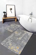 - PaspasTakimi-2li-Set462-Gorsel - Realhomes  2'li Set Gri - Sarı Zeminde Kilim Motifli Antik Halı Desenli Eskitme Motifli Vintage  2'li Banyo & Mutfak Paspas Takımı Realhomes