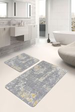 - PaspasTakimi-2li-Set462-Gorsel-4 - Realhomes  2'li Set Gri - Sarı Zeminde Kilim Motifli Antik Halı Desenli Eskitme Motifli Vintage  2'li Banyo & Mutfak Paspas Takımı Realhomes