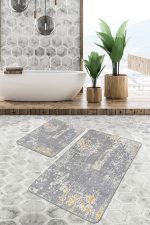 - PaspasTakimi-2li-Set462-Gorsel-5 - Realhomes  2'li Set Gri - Sarı Zeminde Kilim Motifli Antik Halı Desenli Eskitme Motifli Vintage  2'li Banyo & Mutfak Paspas Takımı Realhomes