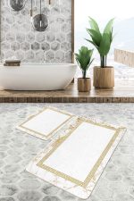 2'li Set Ekru Zeminde Altın renkli Motifli Geometrik Desenli Vintage Geometrik  2'li Banyo & Mutfak Paspas Takımı Realhomes
