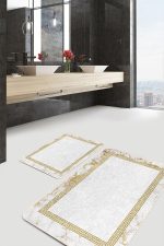 2'li Set Ekru Zeminde Altın renkli Motifli Geometrik Desenli Vintage Geometrik  2'li Banyo & Mutfak Paspas Takımı Realhomes