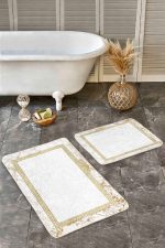 2'li Set Ekru Zeminde Altın renkli Motifli Geometrik Desenli Vintage Geometrik  2'li Banyo & Mutfak Paspas Takımı Realhomes