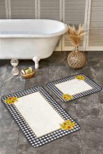 2'li Set Siyah - Beyaz Zeminde Ekose Motifli Sarı Çiçekler Desenli Floral Geometrik Mutfak  2'li Banyo & Mutfak Paspas Takımı Realhomes