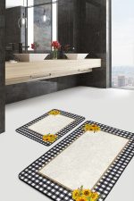 2'li Set Siyah - Beyaz Zeminde Ekose Motifli Sarı Çiçekler Desenli Floral Geometrik Mutfak  2'li Banyo & Mutfak Paspas Takımı Realhomes