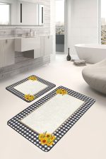2'li Set Siyah - Beyaz Zeminde Ekose Motifli Sarı Çiçekler Desenli Floral Geometrik Mutfak  2'li Banyo & Mutfak Paspas Takımı Realhomes