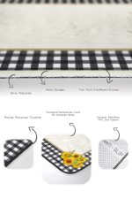 2'li Set Siyah - Beyaz Zeminde Ekose Motifli Sarı Çiçekler Desenli Floral Geometrik Mutfak  2'li Banyo & Mutfak Paspas Takımı Realhomes