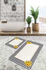 2'li Set Siyah - Beyaz Zeminde Ekose Motifli Sarı Çiçekler Desenli Floral Geometrik Mutfak  2'li Banyo & Mutfak Paspas Takımı Realhomes