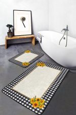 2'li Set Siyah - Beyaz Zeminde Ekose Motifli Sarı Çiçekler Desenli Floral Geometrik Mutfak  2'li Banyo & Mutfak Paspas Takımı Realhomes