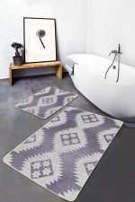 - PaspasTakimi-2li-Set466-Gorsel-1 - Realhomes  2'li Set Gri Zeminde Baklava Motifli Kilim Desenli Bohem Sade & Şık  2'li Banyo & Mutfak Paspas Takımı Realhomes