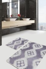 - PaspasTakimi-2li-Set466-Gorsel-2 - Realhomes  2'li Set Gri Zeminde Baklava Motifli Kilim Desenli Bohem Sade & Şık  2'li Banyo & Mutfak Paspas Takımı Realhomes