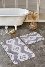 - Realhomes - Realhomes  2'li Set Gri Zeminde Baklava Motifli Kilim Desenli Bohem Sade & Şık  2'li Banyo & Mutfak Paspas Takımı Realhomes