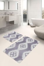 - PaspasTakimi-2li-Set466-Gorsel-5 - Realhomes  2'li Set Gri Zeminde Baklava Motifli Kilim Desenli Bohem Sade & Şık  2'li Banyo & Mutfak Paspas Takımı Realhomes