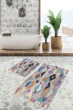 - PaspasTakimi-2li-Set467-Gorsel-1 - Realhomes 2'li Set Renkli Zeminde Soyut Motifli Baklava Desenli Geometrik Sade & Şık 2'li Banyo & Mutfak Paspas Takımı Realhomes