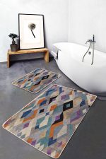 - PaspasTakimi-2li-Set467-Gorsel-2 - Realhomes 2'li Set Renkli Zeminde Soyut Motifli Baklava Desenli Geometrik Sade & Şık 2'li Banyo & Mutfak Paspas Takımı Realhomes