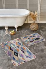 - Realhomes - Realhomes 2'li Set Renkli Zeminde Soyut Motifli Baklava Desenli Geometrik Sade & Şık 2'li Banyo & Mutfak Paspas Takımı Realhomes