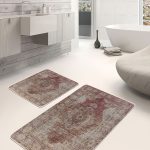 2'li Set Mavi - Gri Zeminde Eskitme Motifli Retro Desenli Eskitme Motifli Vintage  2'li Banyo & Mutfak Paspas Takımı Realhomes