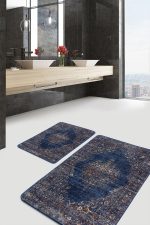 - PaspasTakimi-2li-Set469-Gorsel - Realhomes 2'li Set Lacivert Zeminde Osmanlı Motifli Altın Detay Desenli Avangarde Eskitme Motifli 2'li Banyo & Mutfak Paspas Takımı Realhomes