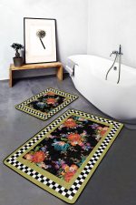 - PaspasTakimi-2li-Set470-Gorsel-1 - Realhomes 2'li Set Siyah Zeminde Dama Motifli Çiçek Desenli Floral Geometrik Mutfak 2'li Banyo & Mutfak Paspas Takımı Realhomes