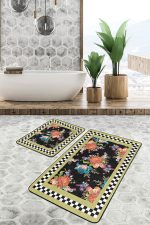 - PaspasTakimi-2li-Set470-Gorsel - Realhomes 2'li Set Siyah Zeminde Dama Motifli Çiçek Desenli Floral Geometrik Mutfak 2'li Banyo & Mutfak Paspas Takımı Realhomes