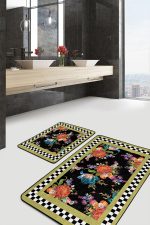- PaspasTakimi-2li-Set470-Gorsel-2 - Realhomes 2'li Set Siyah Zeminde Dama Motifli Çiçek Desenli Floral Geometrik Mutfak 2'li Banyo & Mutfak Paspas Takımı Realhomes