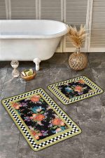 - Realhomes - Realhomes 2'li Set Siyah Zeminde Dama Motifli Çiçek Desenli Floral Geometrik Mutfak 2'li Banyo & Mutfak Paspas Takımı Realhomes