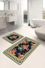 - PaspasTakimi-2li-Set470-Gorsel-5 - Realhomes 2'li Set Siyah Zeminde Dama Motifli Çiçek Desenli Floral Geometrik Mutfak 2'li Banyo & Mutfak Paspas Takımı Realhomes
