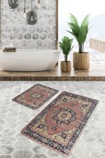 2'li Set Krem Zeminde Halı Motifli İran Desenli Avangarde Vintage  2'li Banyo & Mutfak Paspas Takımı Realhomes