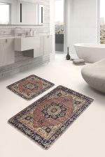 2'li Set Krem Zeminde Halı Motifli İran Desenli Avangarde Vintage  2'li Banyo & Mutfak Paspas Takımı Realhomes