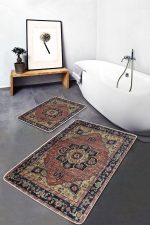 2'li Set Krem Zeminde Halı Motifli İran Desenli Avangarde Vintage  2'li Banyo & Mutfak Paspas Takımı Realhomes