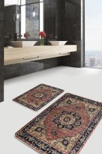 2'li Set Krem Zeminde Halı Motifli İran Desenli Avangarde Vintage  2'li Banyo & Mutfak Paspas Takımı Realhomes