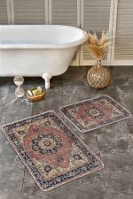 2'li Set Krem Zeminde Halı Motifli İran Desenli Avangarde Vintage  2'li Banyo & Mutfak Paspas Takımı Realhomes
