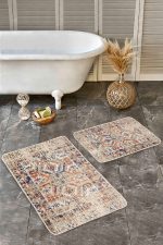 - Realhomes - Realhomes  2'li Set Krem Zeminde Osmanlı Motifli Kilim Desenli Etnik Motifler Eskitme Motifli  2'li Banyo & Mutfak Paspas Takımı Realhomes