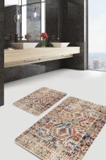 - PaspasTakimi-2li-Set473-Gorsel - Realhomes  2'li Set Krem Zeminde Osmanlı Motifli Kilim Desenli Etnik Motifler Eskitme Motifli  2'li Banyo & Mutfak Paspas Takımı Realhomes