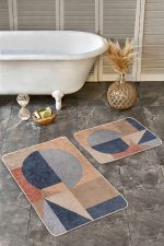 - Realhomes - Realhomes 2'li Set Pastel Zeminde Modern Motifli Geometrik Desenli Geometrik Sade & Şık 2'li Banyo & Mutfak Paspas Takımı Realhomes