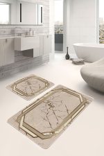 - PaspasTakimi-2li-Set475-Gorsel - Realhomes 2'li Set Krem Zeminde Çerçeve Motifli Mermer Desenli Klasik Avangarde 2'li Banyo & Mutfak Paspas Takımı Realhomes