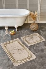 - Realhomes - Realhomes 2'li Set Krem Zeminde Çerçeve Motifli Mermer Desenli Klasik Avangarde 2'li Banyo & Mutfak Paspas Takımı Realhomes